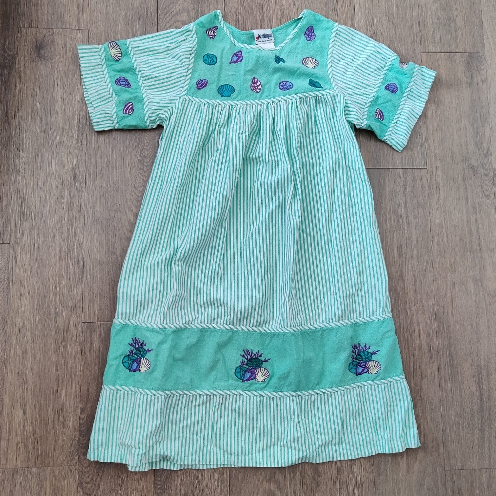 Vintage Mint Green Striped Seashell Cotton Knee Length Granny Dress